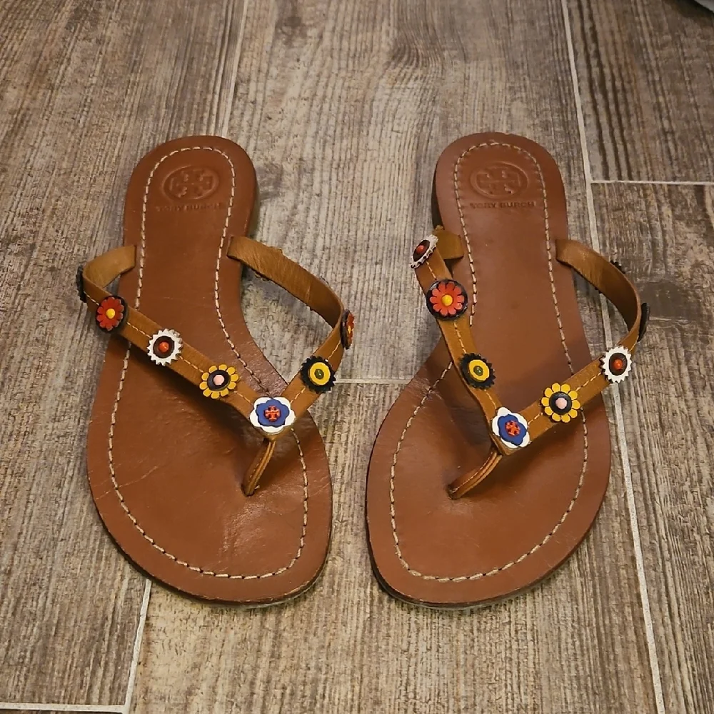 Tory Burch Brown and Red Sandals with Metallic Embellishments - Picture 1 of 4